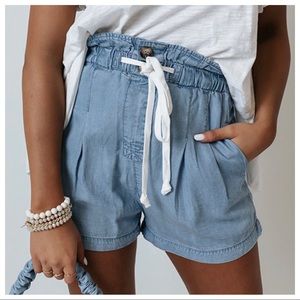 Chambray Drawstring Ruffle Waist Jean Shorts